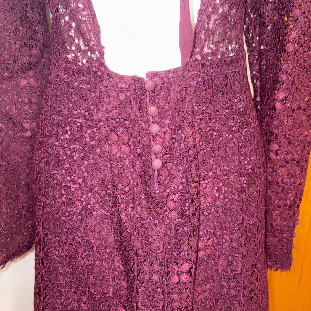 Free People Honey Honey mini dress Burgundy Lace V-Neck Open Back Long Sleeve - Picture 6 of 13